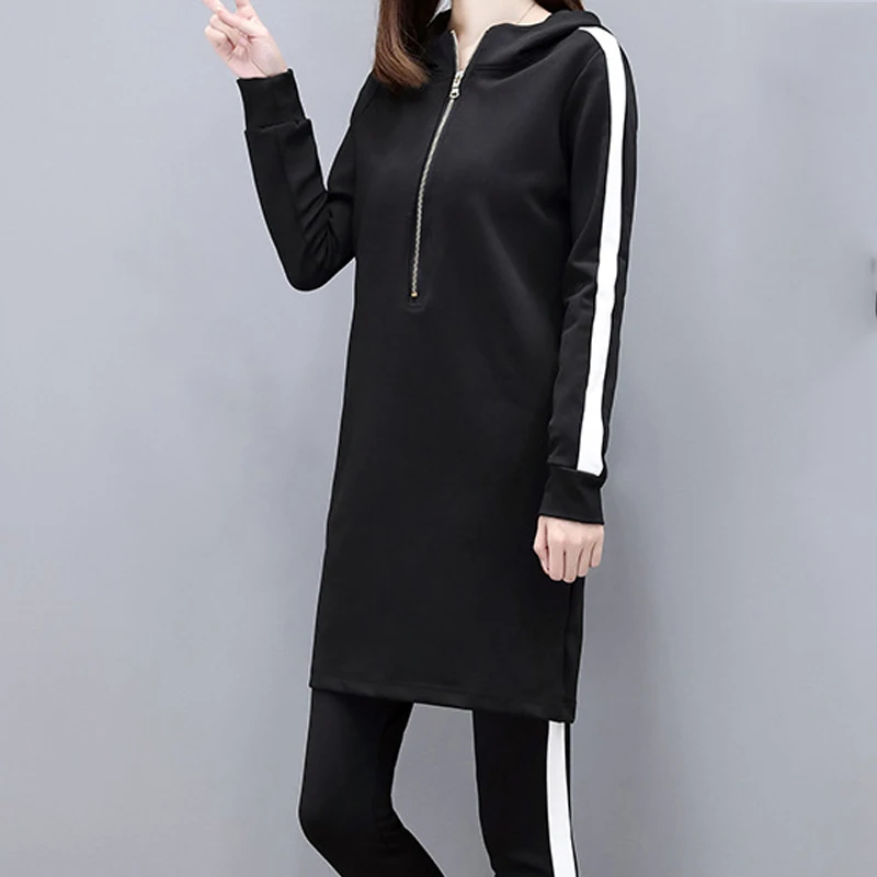 In Stock 2020 Slim Black Hoodies Women Set Stripe Side Casual Two Piece Set Women Zipper Long Hooded Sweatshirt + Pant 3xl