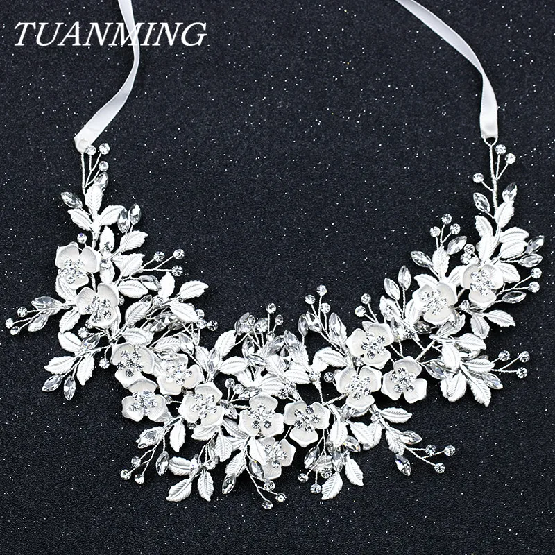 Crystal Silver Color Floral Bridal Headband Wedding Hair Accessories Handmade Flower Hair Vine Bride Tiara Headband Hair Jewelry