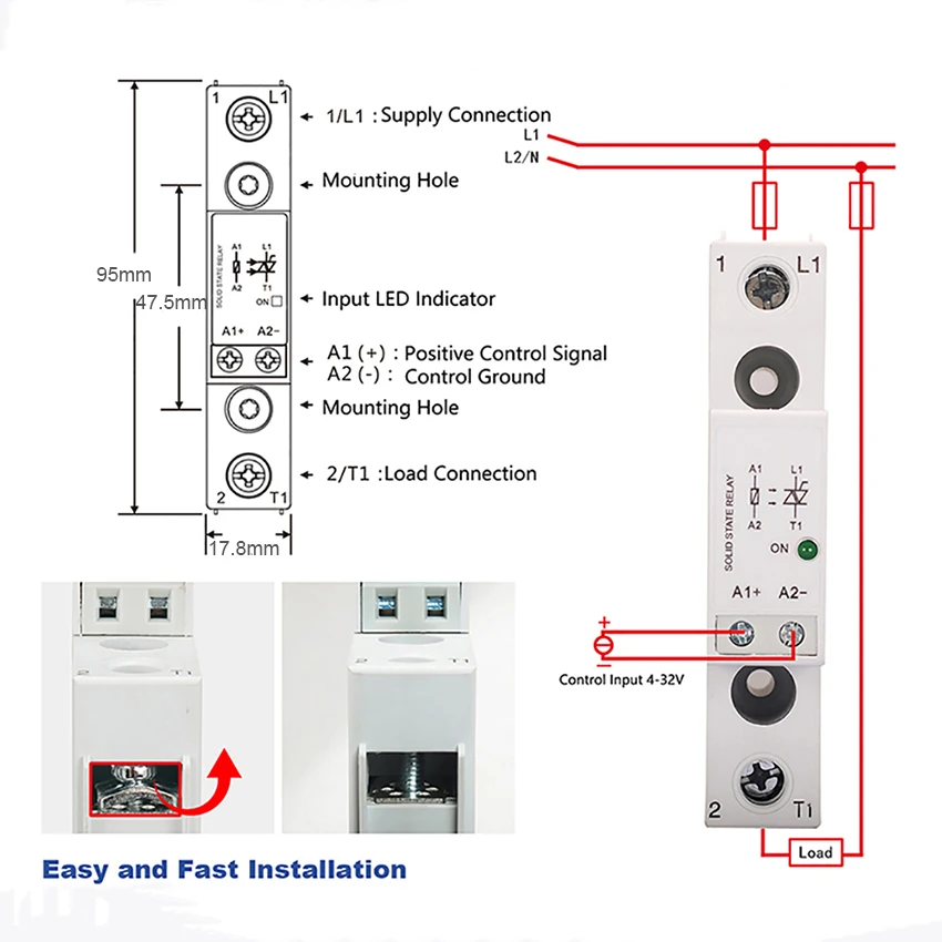TRA23D40M TRA48D60M Intelligent Auto Integrated SSR 40A 60A DC to AC Ouput 24-280VAC Single Phase DIN Rail Solid State Relay