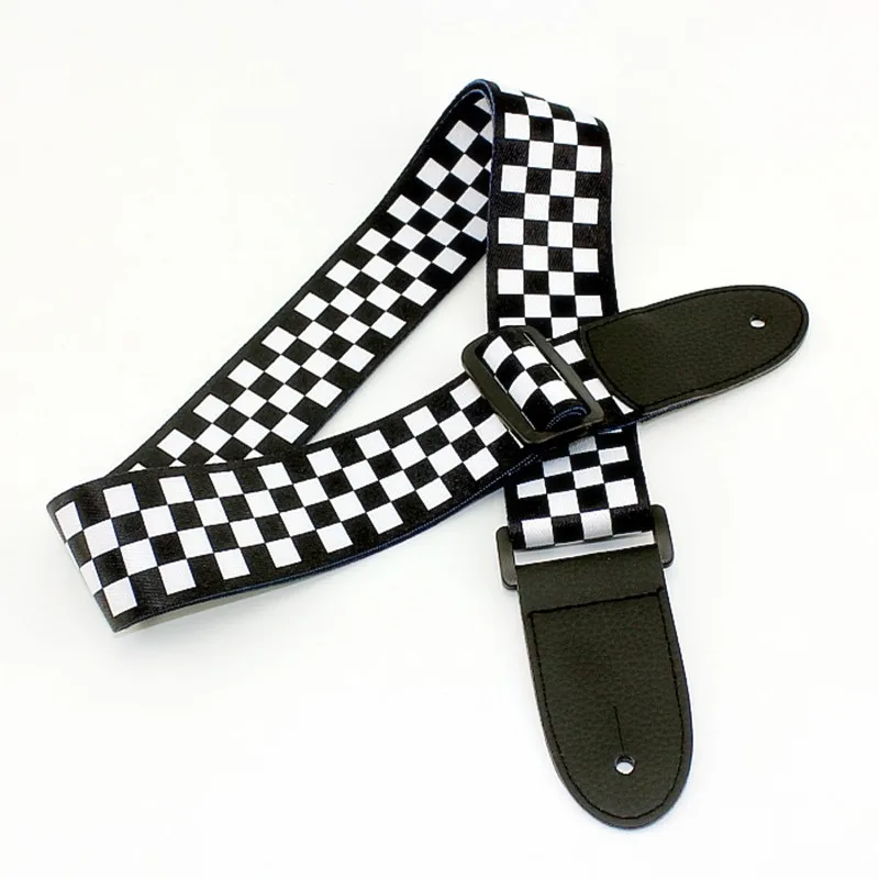 Guitar Strap Leather Black White Plaid Acoustic Guitar Strap Ukulele Bass Strap Guitar Accessories Instrument