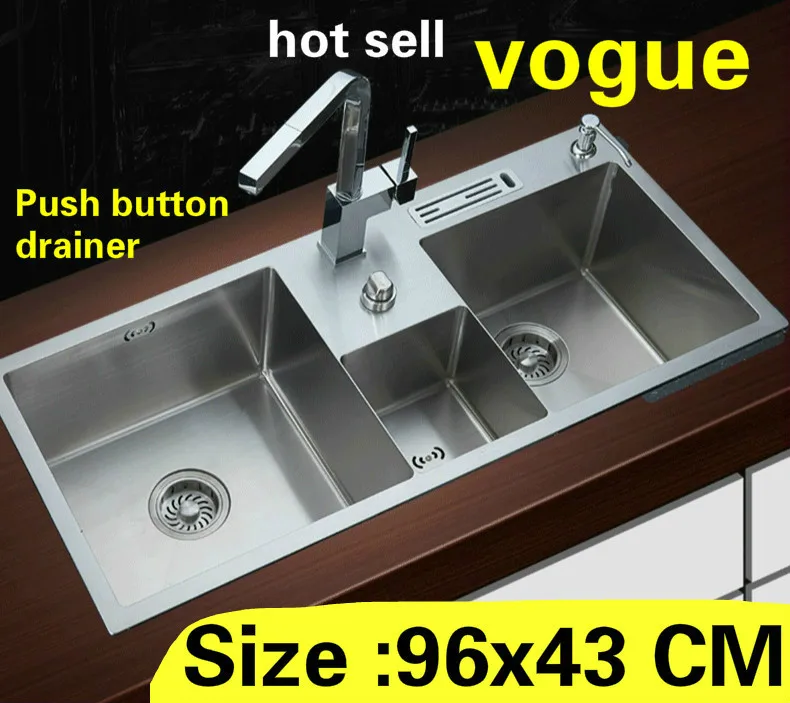 

Free shipping Apartment big vogue kitchen manual sink double groove push button drainer 304 stainless steel hot sell 96x43 CM