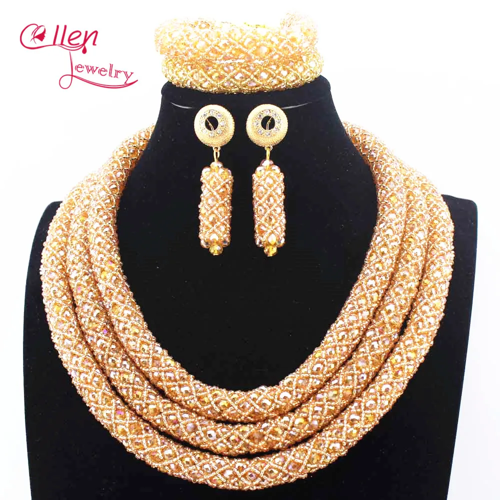 Champagne Nigerian Wedding African Beads Jewelry Set Handmade Dubai Bridal costume jewelry Necklace Bracelet Earrings N0002