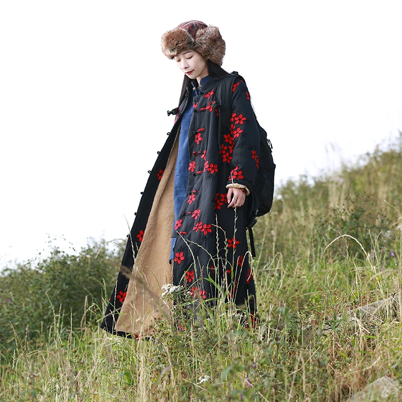 LZJN Women\'s Chinese-Style Floral Embroidered Trench Coat, Maxi Loose Overcoat, Windproof Fleece Jacket, for Autumn and Winter