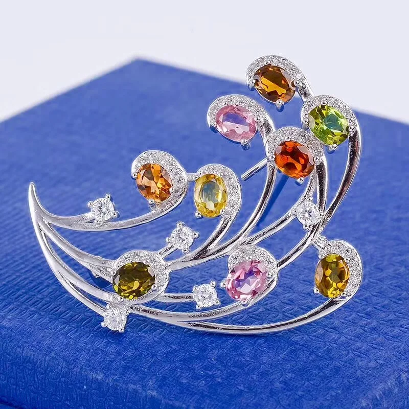 Tourmaline brooch Free shipping Natural real Tourmaline  925 sterling silver brooch  4*5mm 9pcs gemstone