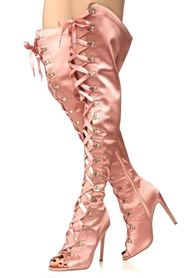 

New Design Women Open Toe Satin Denim Over Knee Lace-up Gladiator Boots Shinning Ribbon Thigh High Heel Lace Up Long Boots