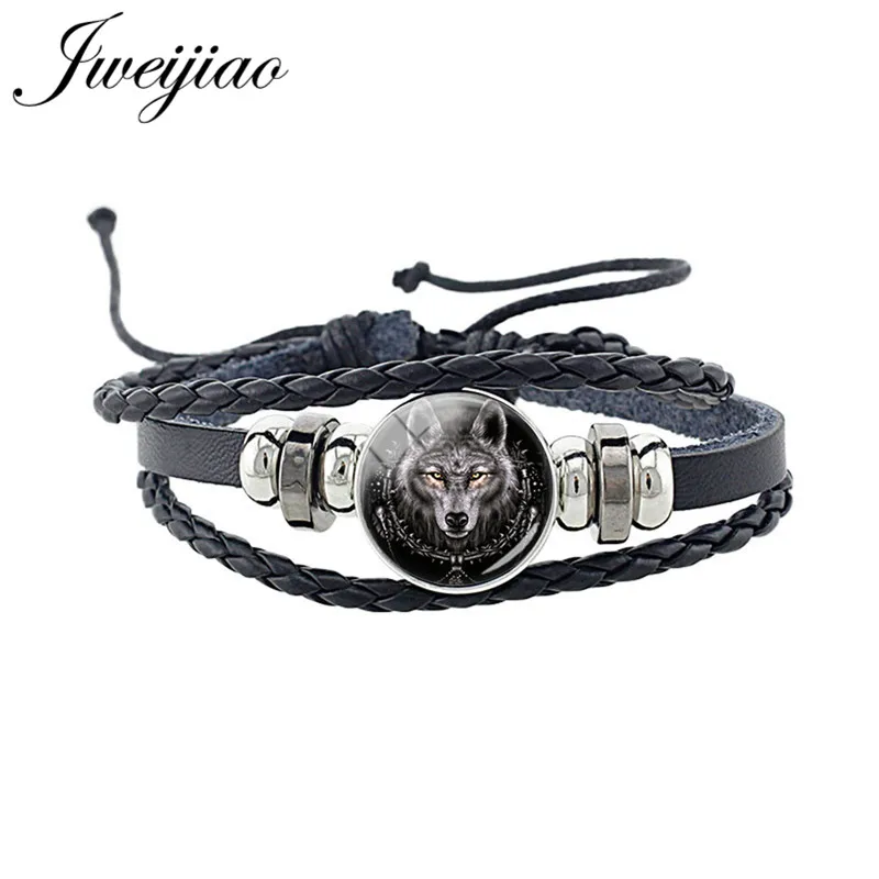 JWEIJIAO-pulsera de cuero tejida con forma de lobo para hombre y mujer, brazalete Unisex de cabujón de cristal, joyería Punk, regalo, D1403