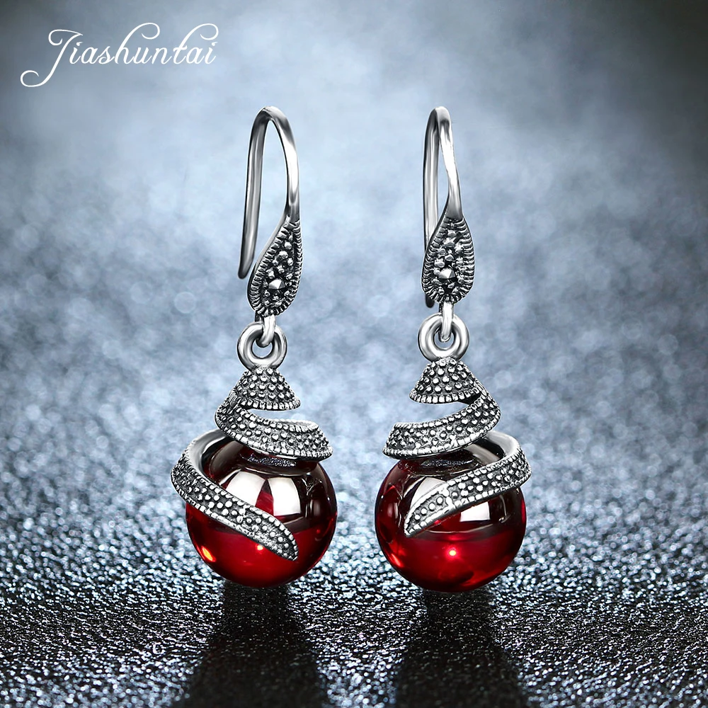 JIASHUNTAI Retro 100% 925 Sterling Silver Earrings For Women Vintage Round Natural Stones Drop Earrings Thai Silver Jewelry