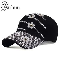 [YARBUU] Baseball Caps With Flowers 2022 New Style Women Adjustable Sun Hat Rhinestone Denim Hat And Cotton Snapback Cap