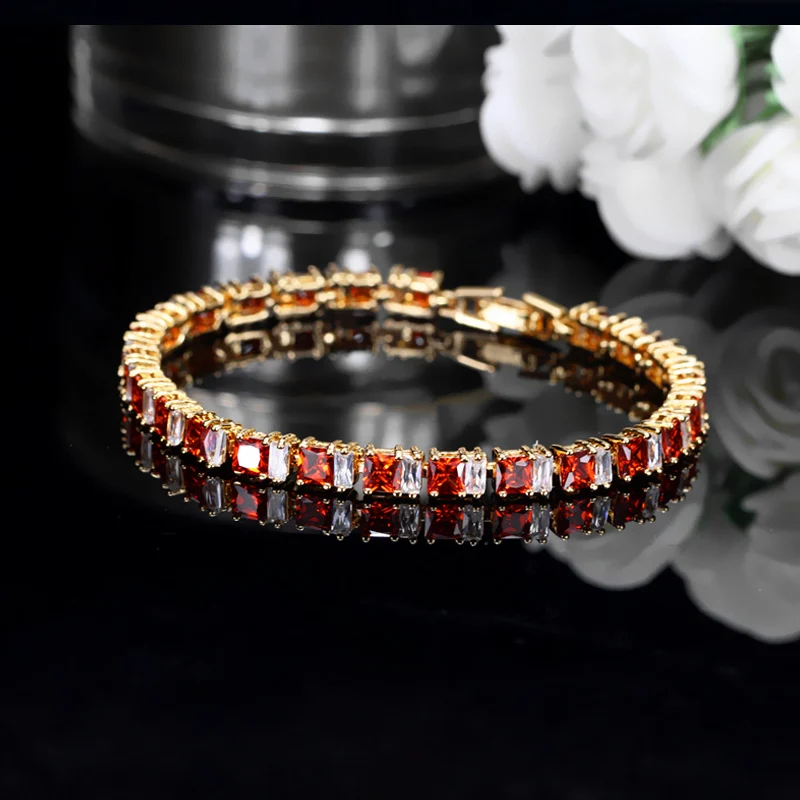 CWWZircons Stylish Square Cut Sparkling Cubic Zirconia Yellow Gold Color CZ Women Tennis Bracelet With Extension CB192