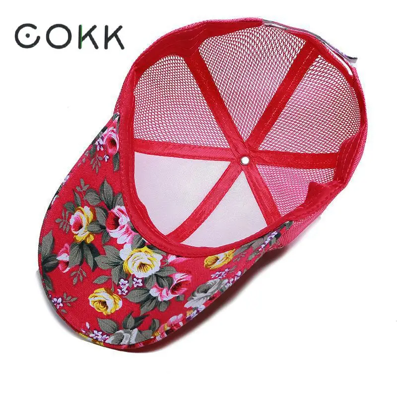 COKK-Gorra de malla con estampado de flores para mujer, gorro de béisbol con estampado de flores, ajustable, informal, para deportes al aire libre,