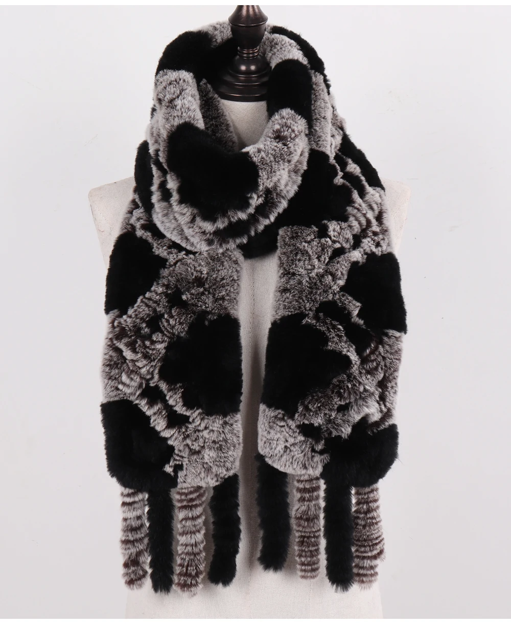 Neue Damen-Schals aus 100% natürlichem Rex-Kaninchenfell, langer Stil, gestrickte Rex-Kaninchenfell-Quastenschals, warme Echtfell-Schals für den Winter. – Detail 24