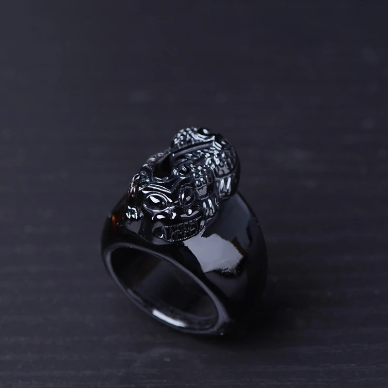 Black Natural Obsidian Stone Ring Carved PiXiu Lucky Men Finger Ring Energy Stone Crystal Gift Thumb Ring Jewelry Wholesale