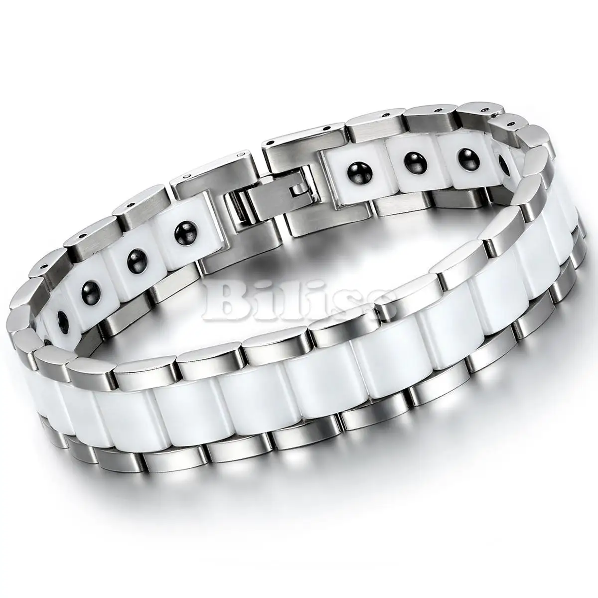 Black/White Ceramic Bracelet Magnetic Stone Therapy Health Stainless Steel Bracelets Men\'s Jewelry 20.5*13 mm pulseras hombre