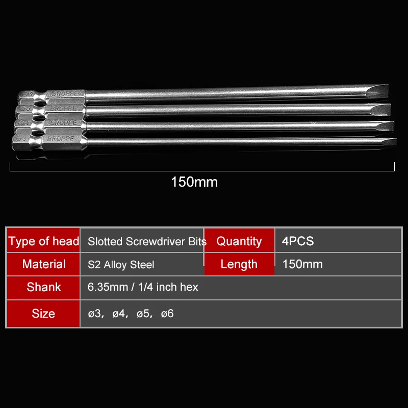 HOEN 4Pcs/Set 150mm 2.0-6.0mm Flat Head Slotted Tip Screwdrivers Bits