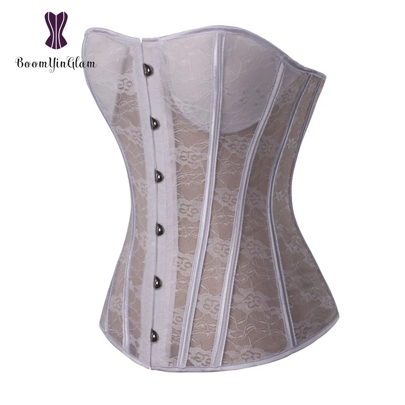 High quality metal busk clips steel boned corset white bridal corset sexy transparent floral lace women bustier 8321#