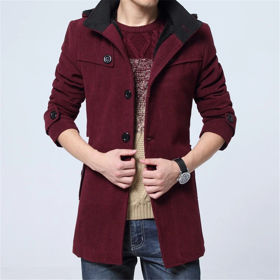 Winter Velvet Thick Warm Coat Men Slim Long Jackets Male Casual Wool Trench Coat Men\'s Overcoat 4XL Wool Windproof Jacket