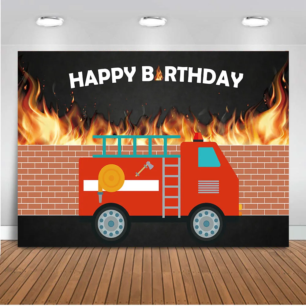 

Happy Birthday Backdrop for Photography Fire Truck Extinguishing Theme Party Decoration Supplies 7x5ft Background for Photo