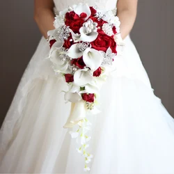 Ramo De boda De cristal con perlas artificiales, ramos De boda De color rojo, cascada, 2021