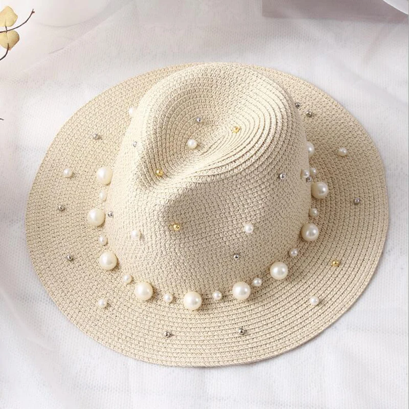 New Spring Summer Hats For Women Flower Beads Wide Brimmed Jazz Panama Hat Sun Visor Beach Hat Flower Pearl rivet Straw Hat