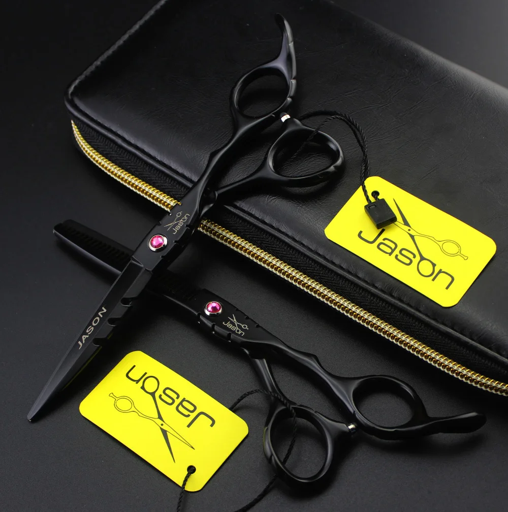 321# 6'' Brand Jason TOP GRADE Black Color Hairdressing Scissors JP 440C Barbers Cutting Scissors Thinning Shears Hair Scissors