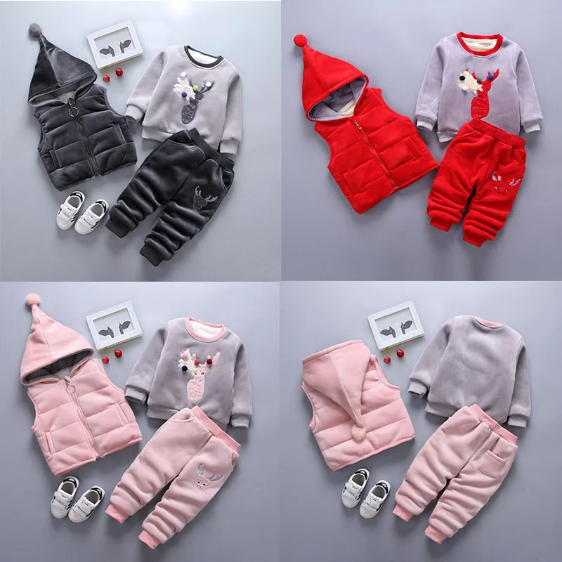 Winter Baby Sets for Boys Girls Clothing Sets Warm Thicken Cartoon Cotton Sweatshirt + hooded Vest +Pants 3pcs Sets Kids Clothes