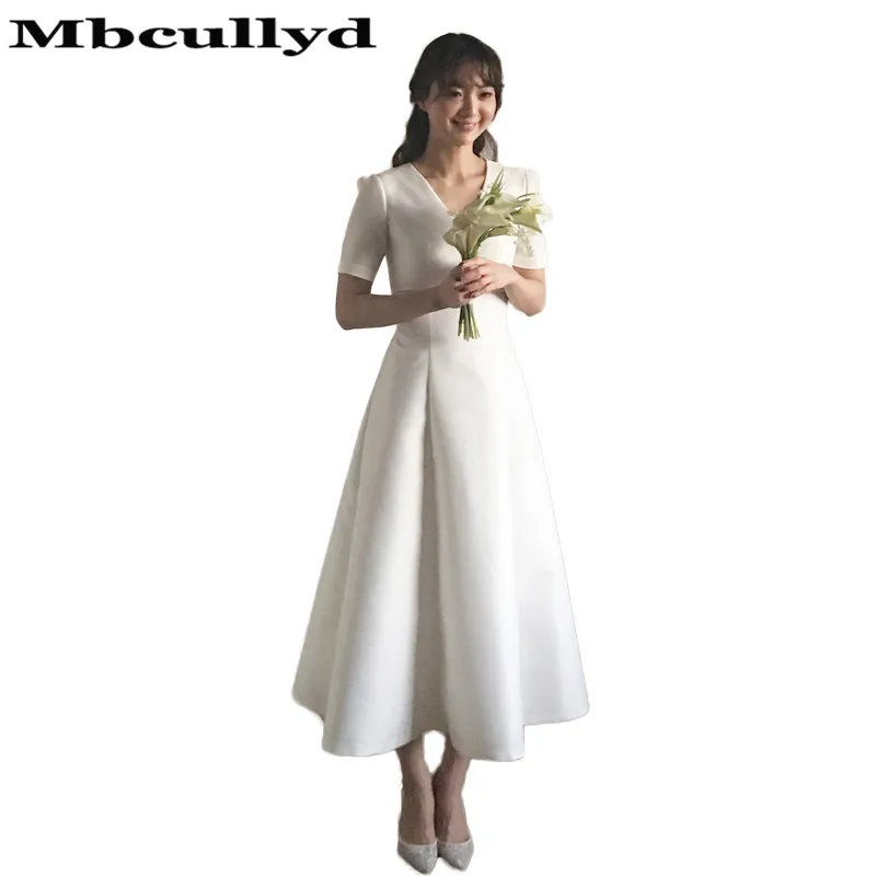 

Elegant Vestido De Nova 2023 With Short Sleeves Luxury Satin Wedding Dresses Tea Length Plus size Beach Wedding Gown Cheap Sale