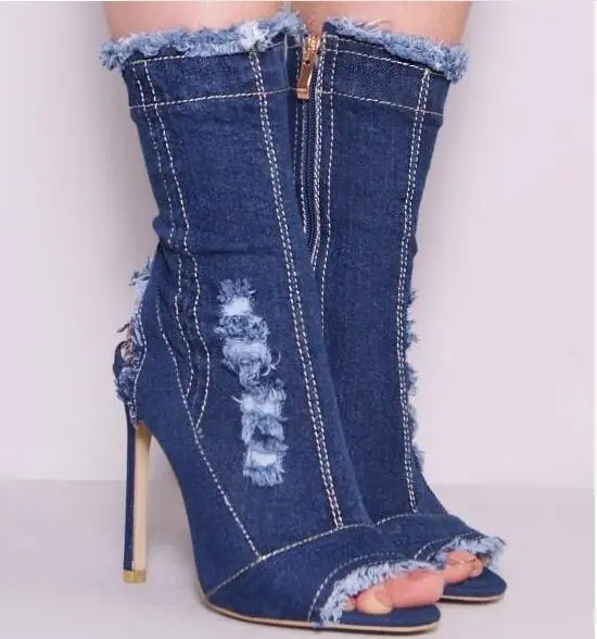 

Black/blue denim boots for women stiletto heels slingbacks peep toe tassles short boots fashion holes cut-outs mid-calf boots