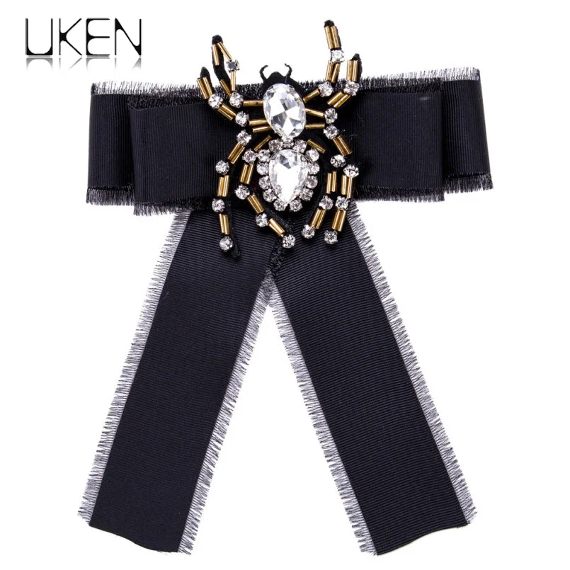 UKEN New Handmade Crystal Spider Ribbon Bowknot Brooches Women Trendy Rhinestone Collar College Wind Accessories Jewelry