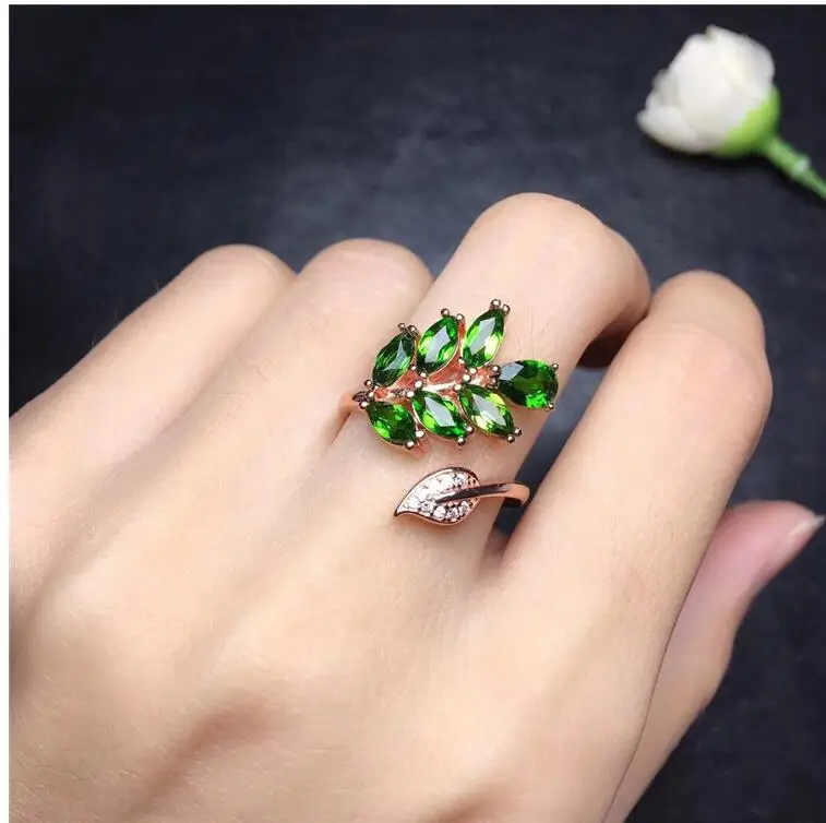 Natural Diopside ring Free shipping Natural green diopside 925 sterling silver Fine jewelry ring For men or women 3*6mm 7pcs