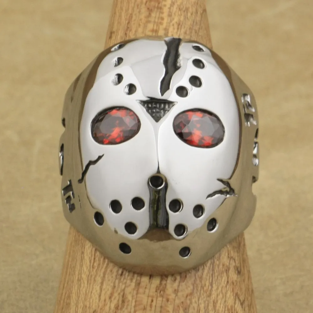 316L Stainless Steel Halloween Jason Hockey Red CZ Eyes Mens Ring 3F301A