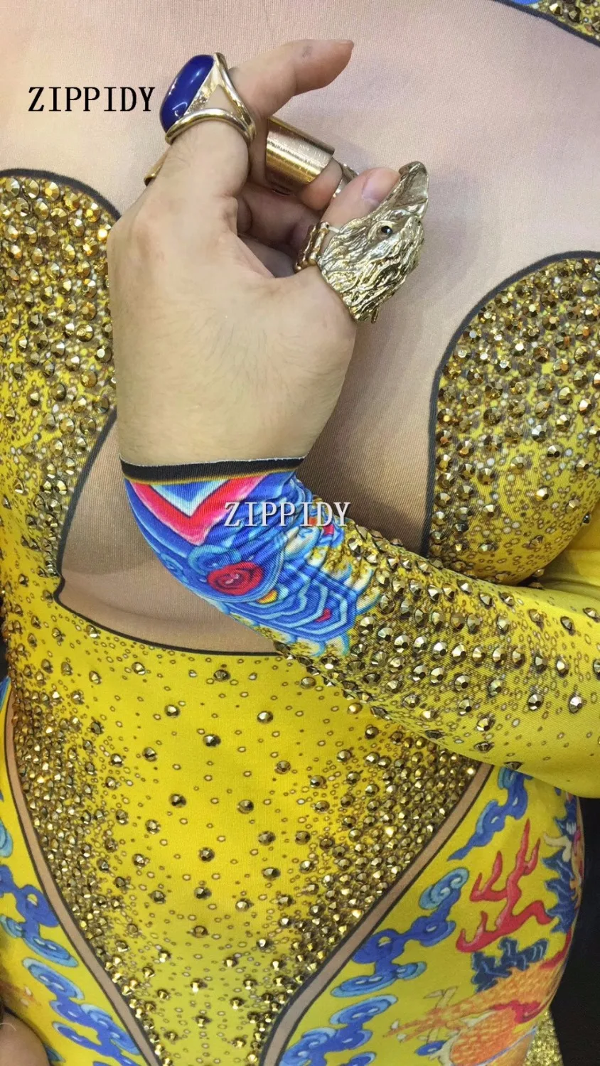 Macacão chinês estampado com pedras brilhantes, sexy, amarelo com strass, roupa de palco para cantoras, uma peça