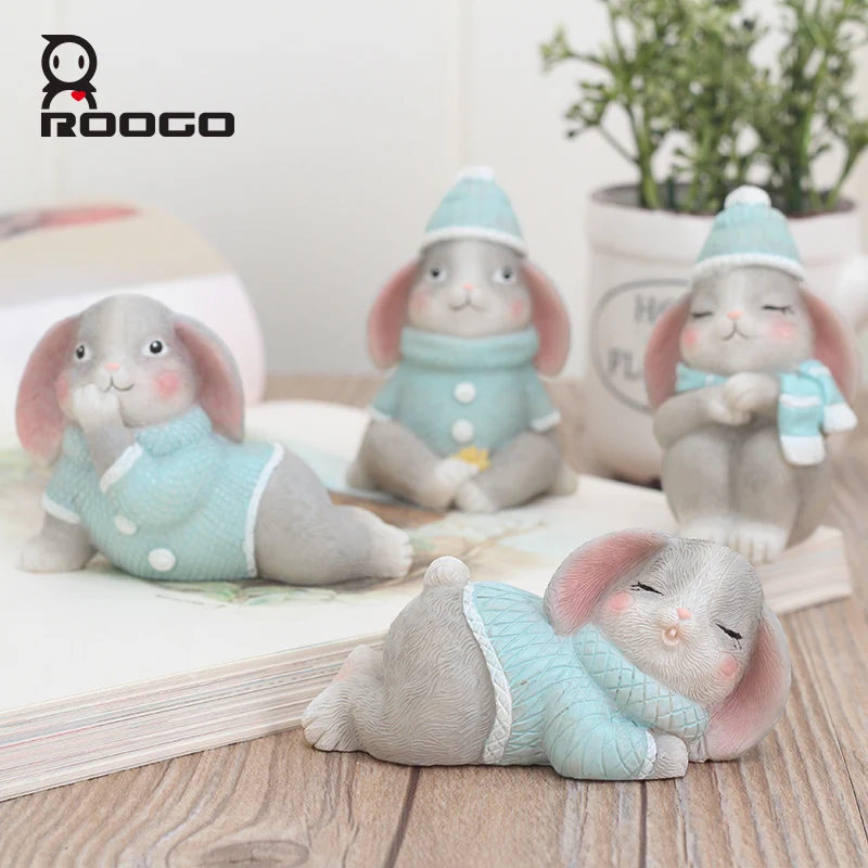 Roogo Cute Rabbit Ornament Creative Statue Resin Home Decor Figurines Sculpture of Decoration Indoor Cabinet Office