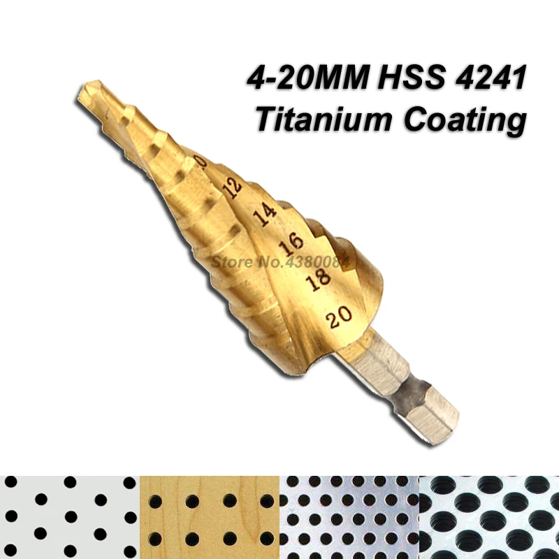 1Pc Set 4-20MM Titanium Coating Spiral Grooved HSS Step Drill Bit 1/4'' Hex Shank Cone Hole Cutter Punching Power Tools