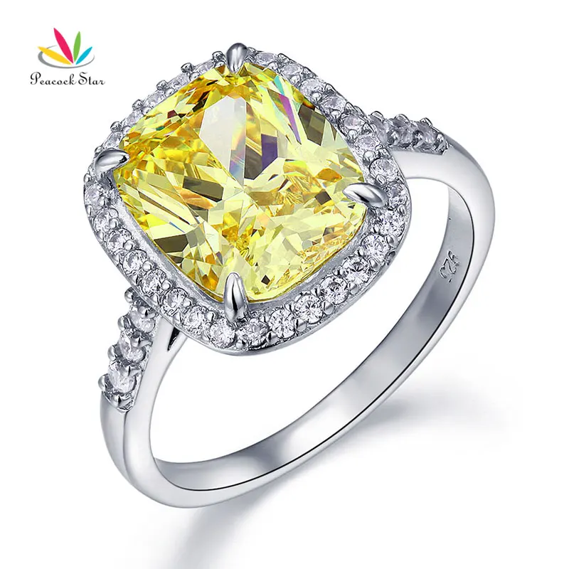 Peacock Star Solid 925 Sterling Silver Luxury Ring 6 Ct Cushion Yellow Canary Created Diamante CFR8151