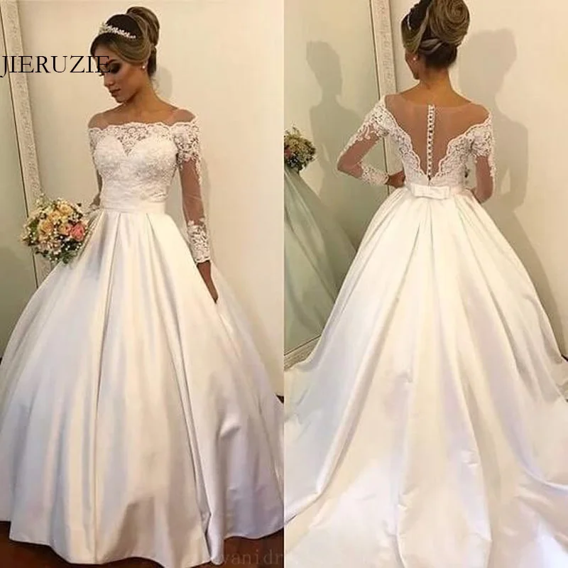 

JIERUIZE White Satin Wedding Dresses Lace Appliques Buttons Cheap Wedding Gowns long sleeves Bride Dresses robe de soiree