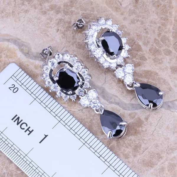 Black Cubic Zirconia White CZ Silver Plated Jewelry Sets Earrings Pendant Ring Size 6 / 7 / 8 / 9 / 10 S0049