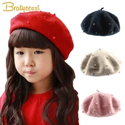 Wool Kids Hat with Pearls Retro Baby Girl Cap Autumn Winter Kids Beret Hats for Girls Accessories Children Cap 2-6Y