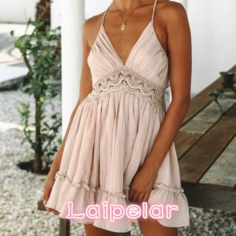 Sexy Crochet Lace Backless V Neck Summer Dress Women Strap Sleeveless Hollow Out Short Dress Casual Beach Party Dresses Vestidos