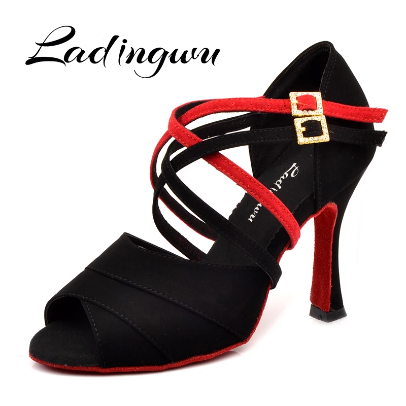 

Ladingwu Latin dance shoes women NEW Black/Red Flannel Shoes Dance Red Soft Bottom Cuba high heel 6-10cm Salsa Ballroom dancing