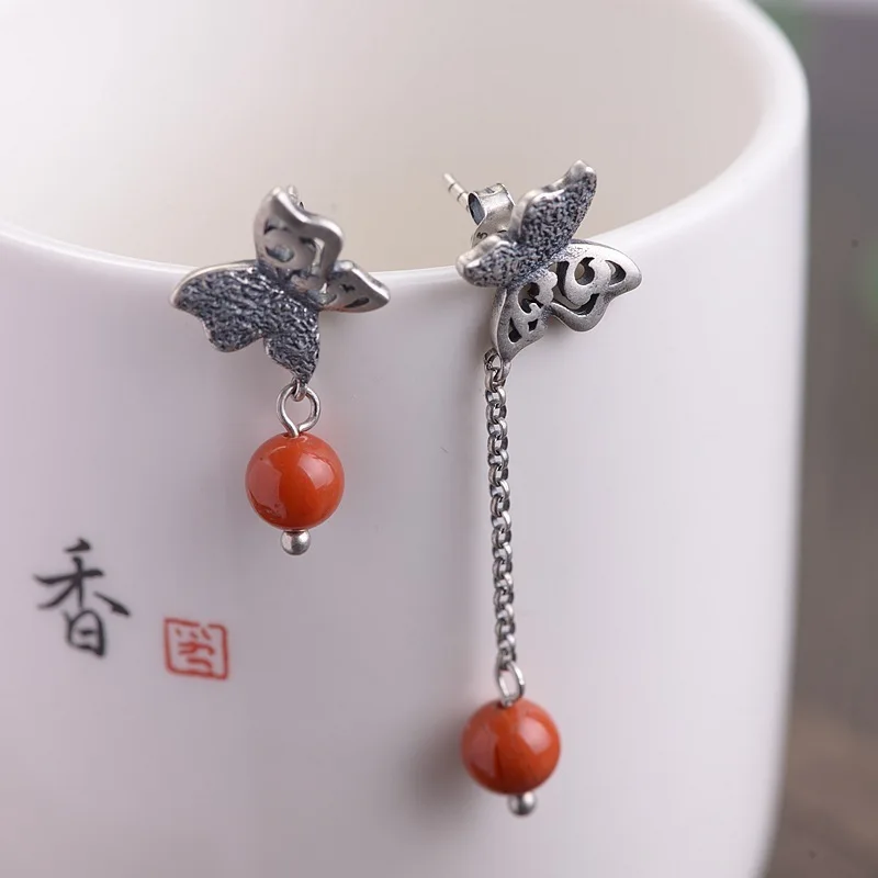 

925 silver female fashion national wind restoring ancient ways AB version of the butterfly tassel earrings silver earrings