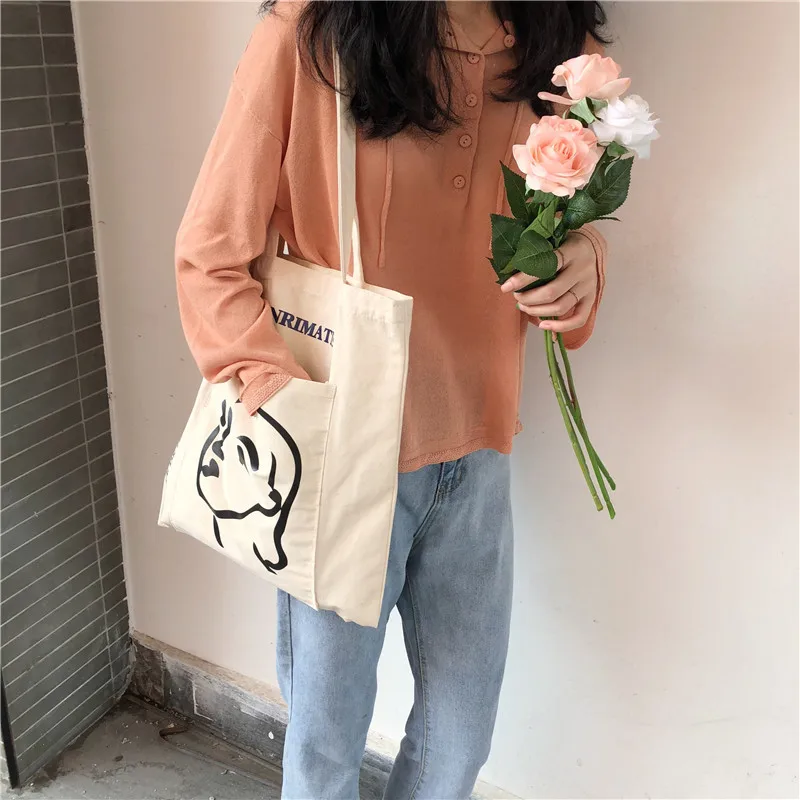 Youda Korea Simple Printed Canvas Bag Ladies Lightweight Style Shoulder Bag Large Capacity Shopping Handbag Fashion Classic Tote