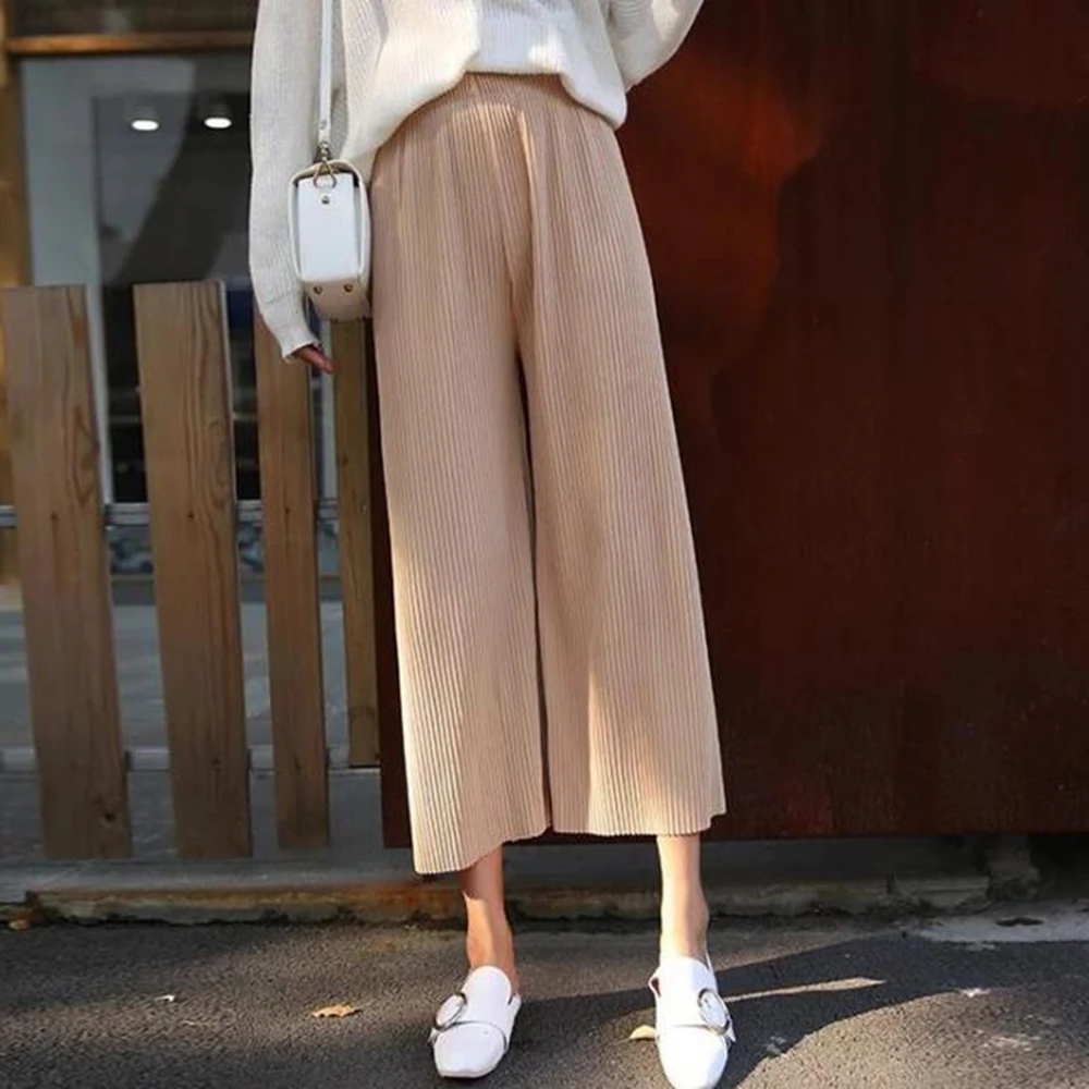 Female Fold Pleated Pants Summer Spring Black Casual Loose Elastic Waist High Pleated Wide Leg Women Chiffon Loose Pants