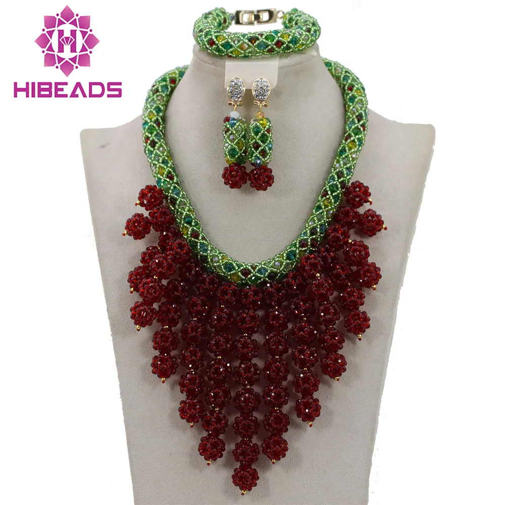 Gold Fuchsia Crystal Pendant Necklace for Women Fashion Lace Jewelry Handmade African Costume Jewelry Set Free Shipping ABL774