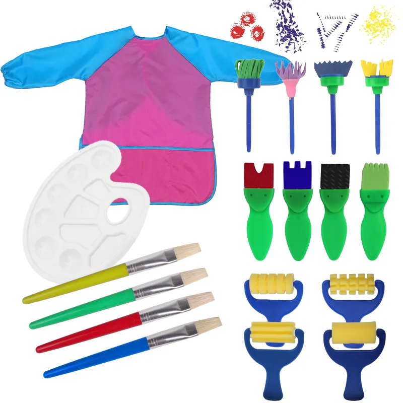 18 piece/set Children's seal sponge brush painting set painting clothes smock color palette plate painting graffiti brush brush