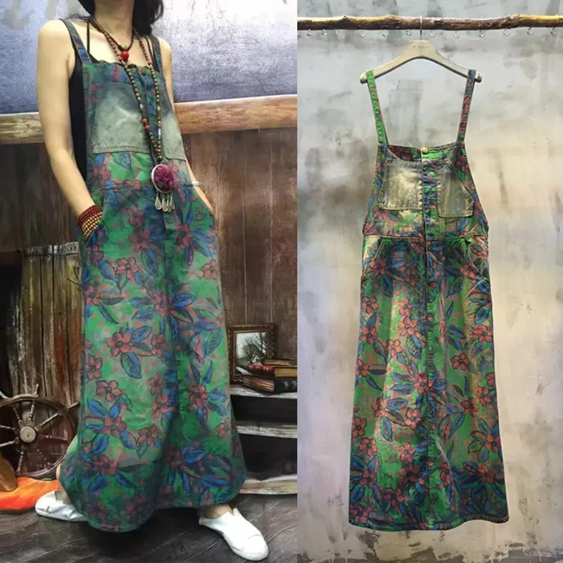 

Free Shipping 2021 New Arrival Vintage Flower Print Water Wash Denim Long Maxi Strap Dresses With Pockets For Women S-L Loose