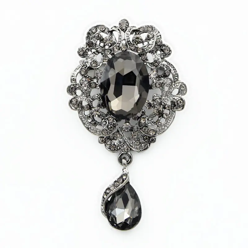 One Piece Retail! Retro Style Black Big Waterdrop Crystal Brooch Elegant Black Colored Flower Women Brooch Pins