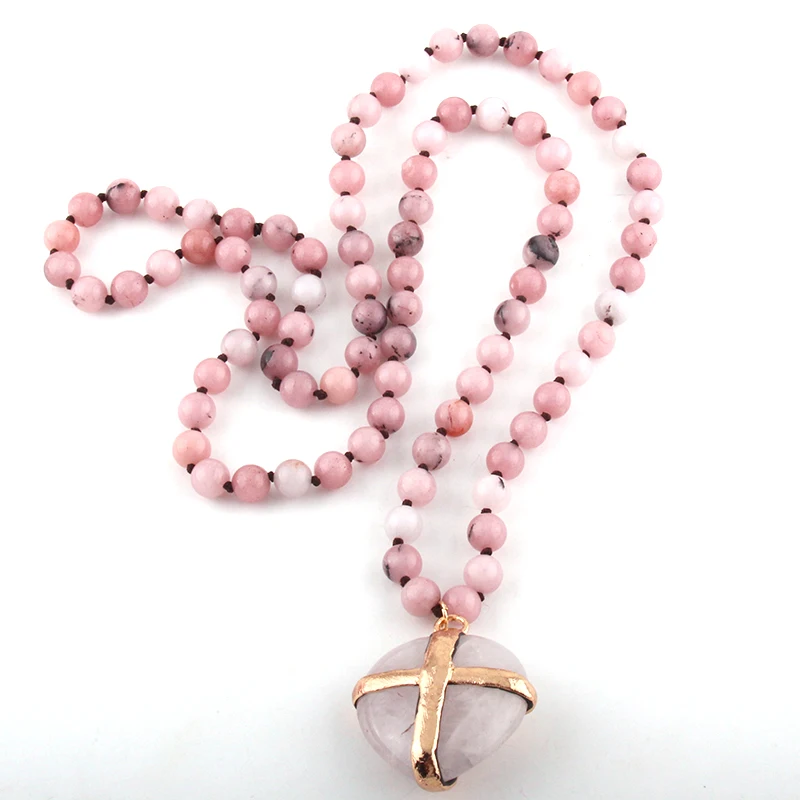 Fashion Bohemian Tribal Jewelry Pink Stones Long Knotted Heart Stone Pendant Necklaces Women Necklace Dropship