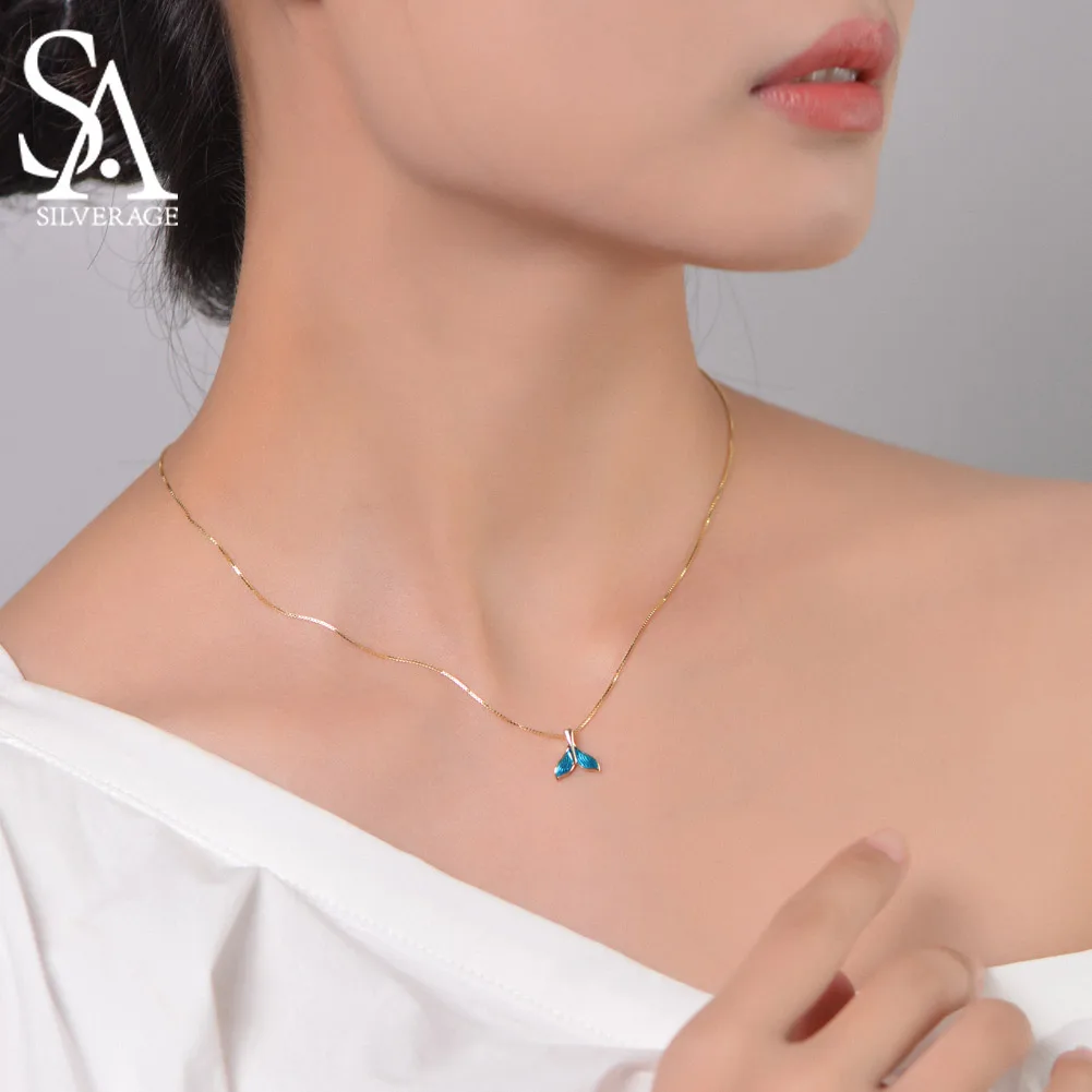 

SA SILVERAGE Real 925 Sterling Silver Blue Color Mermaid Tail Pendant Necklaces 925 Silver Gold Color Plated Chain Link Necklace