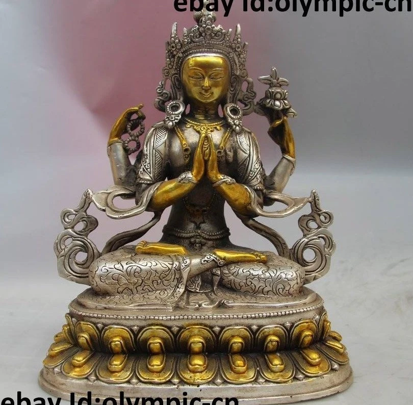 

20cm 8" China Tibet Buddhism Silver gild Four-armed Kwan-yin Guanyin buddha Statue