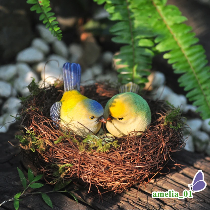 New Creative Birds Home Decor Crafts Courtship Props Country Rattan Nest Mini Bird Figurines Wedding Gift Garden Decoration